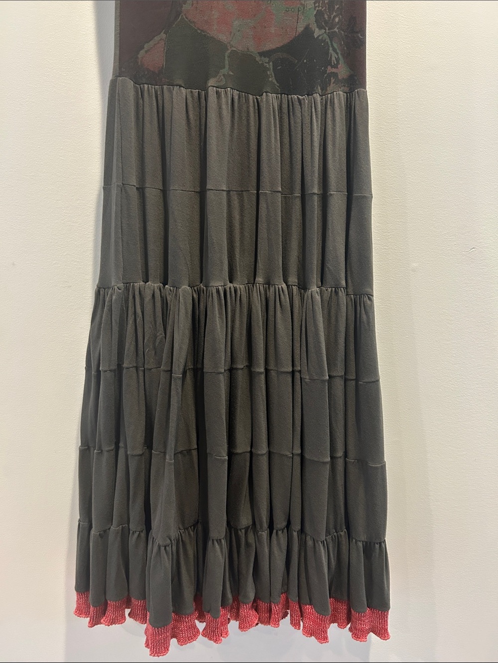 Olive Graphic Tiered Maxi Dress with Pink Trim - Picture 5 of 12